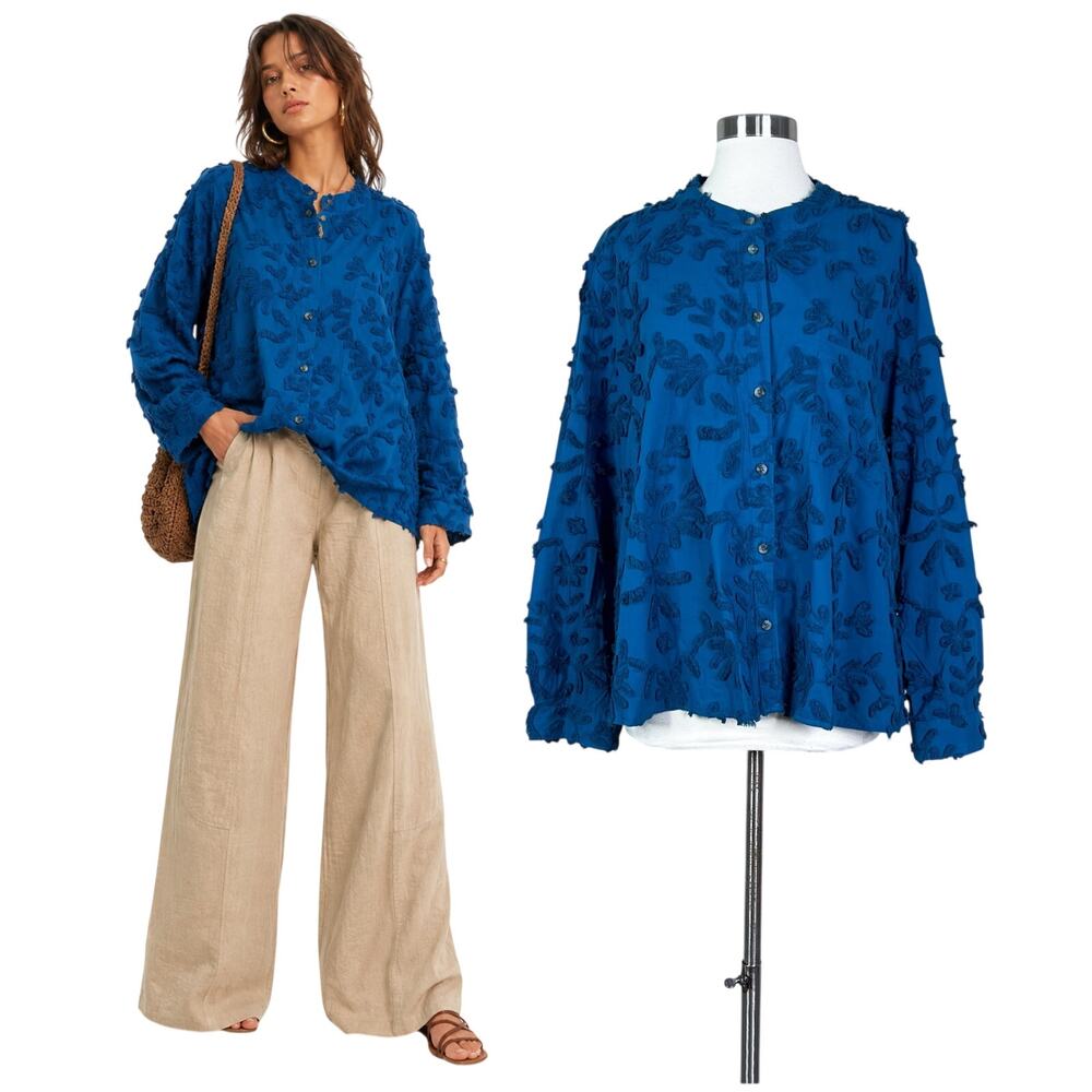 Anthropologie | Pilcro Blue Whitney Embroidered Cotton Button Front Blouse XL